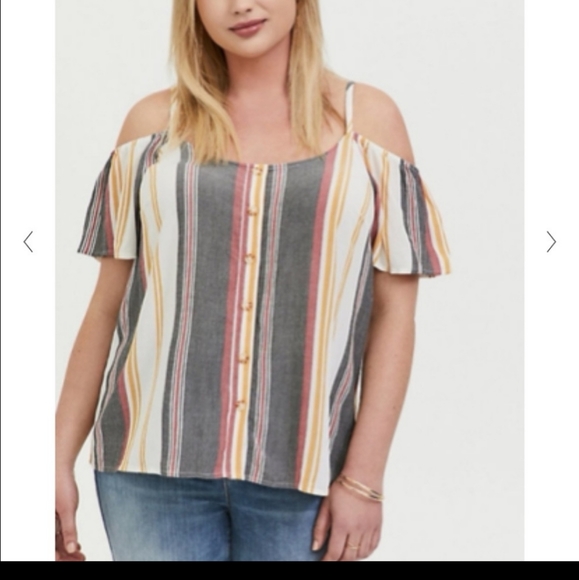 Torrid Short Sleeve Cold Shoulder Vertical Striped Blouse - Picture 1 of 9